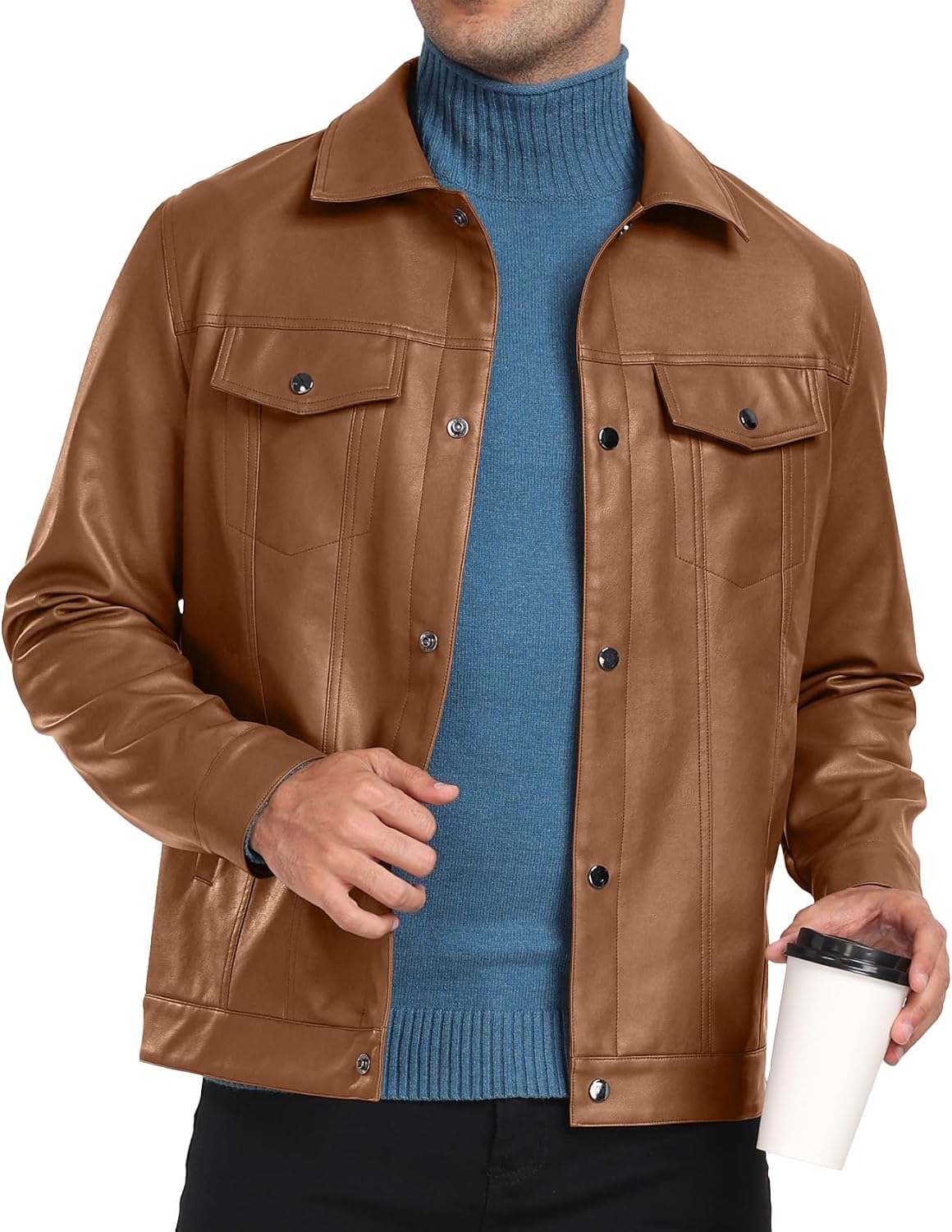Sailwind Men's Leather Jacket Lapel Collar Motorcycle Coat Snap Button Faux Leather Bomber Jackets