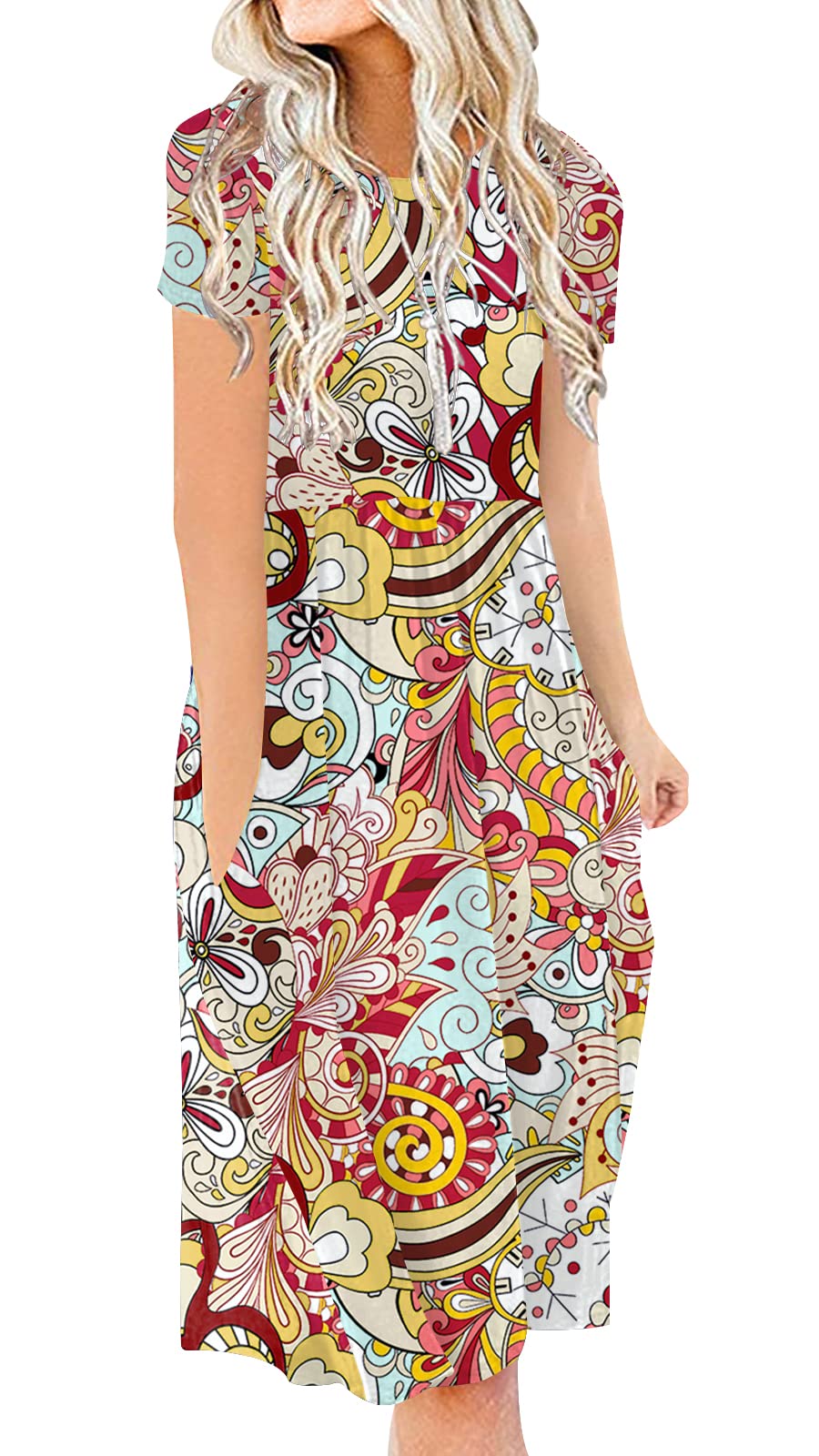 DB MOON Women Summer Casual Short Sleeve Dresses Empire Waist Dress with Pockets