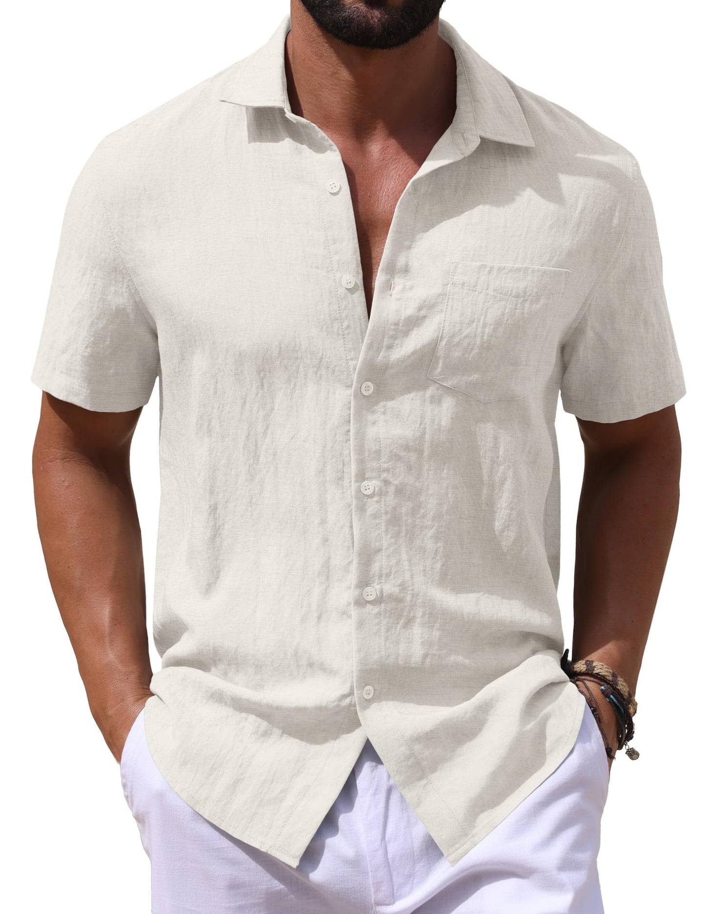 Sailwind Men's Linen Button Down Shirts Short Sleeve Casual Lightwetght Beach Summer Vacation Shirt with Pocket