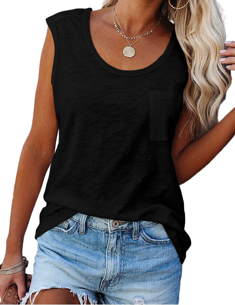 YEXIPO Womens Summer Tank Tops Sleeveless Scoop Neck Loose Fit Cotton Workout Tank Tops with Pocket