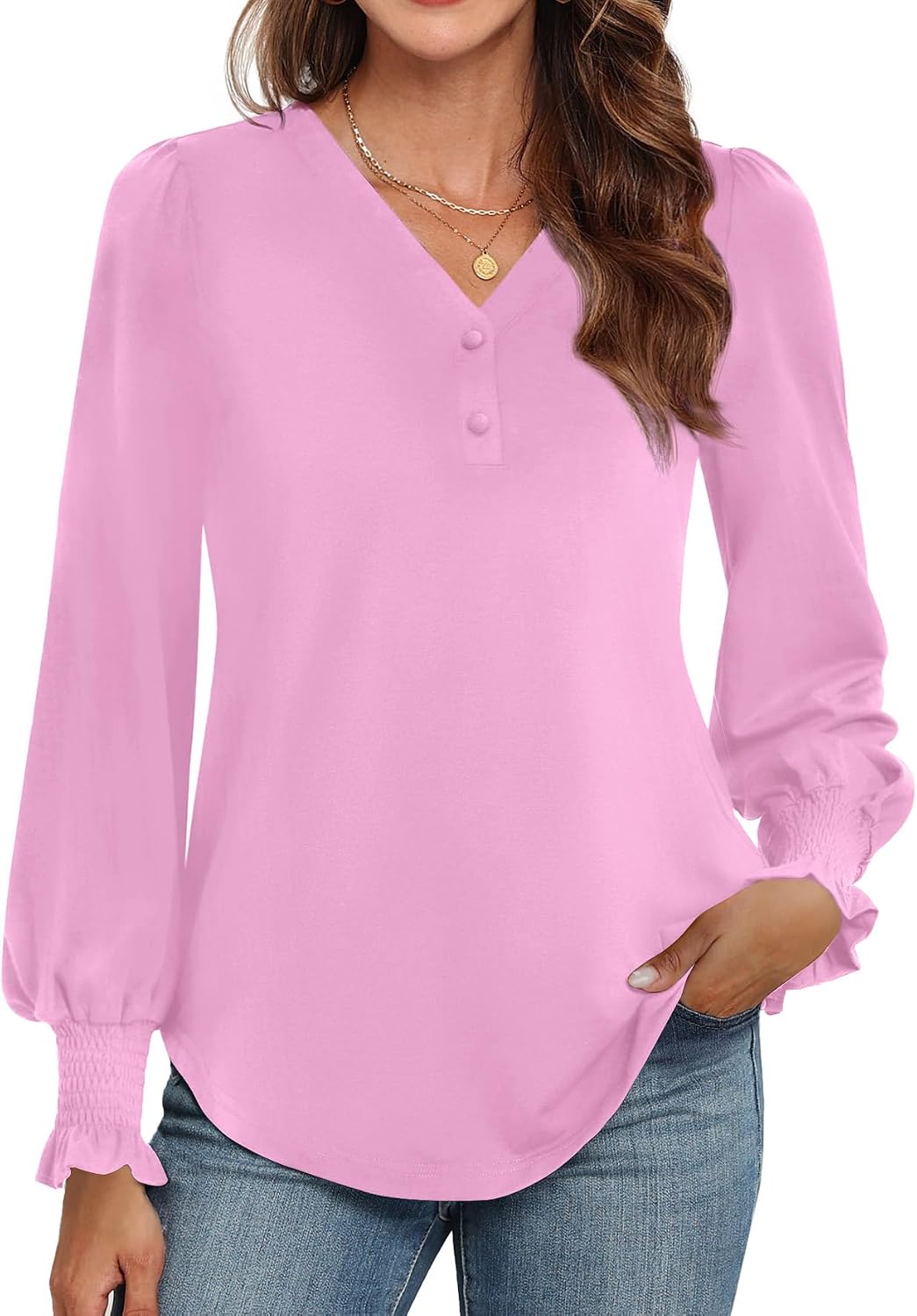 WEACZZY Womens Tops Long Sleeve Fall Shirts for Women Dressy Casual Button V Neck Tunic Blouse Ruffle Cuffs T-Shirts 2026