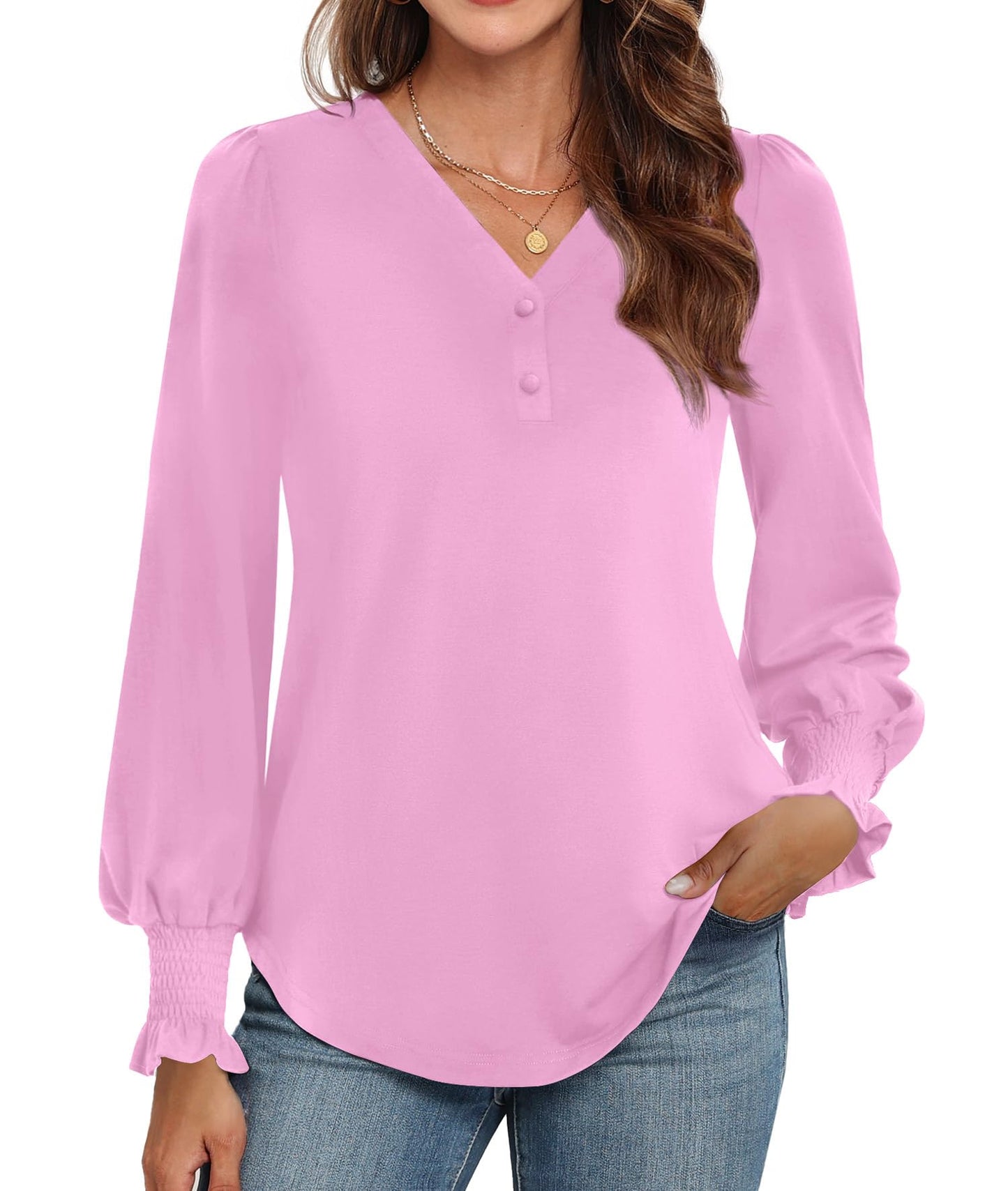 WEACZZY Womens Tops Long Sleeve Fall Shirts for Women Dressy Casual Button V Neck Tunic Blouse Ruffle Cuffs T-Shirts 2026