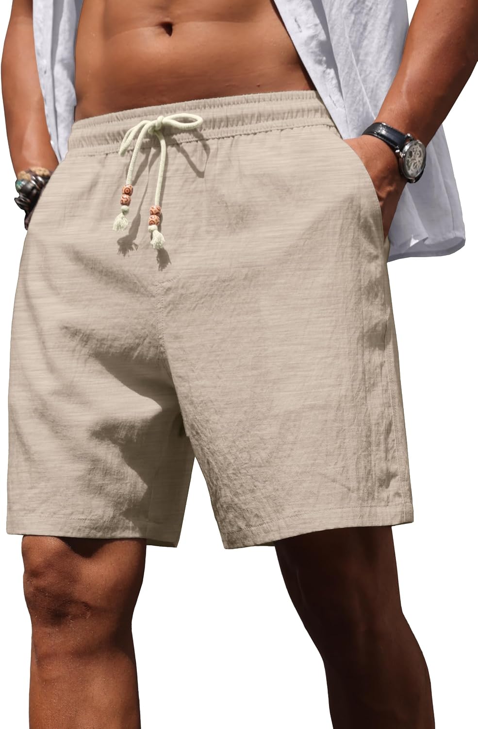 Sailwind Men’s Linen Shorts Casual Summer Elastic Waist Drawstring Lightweight Beach Vacation Shorts with Pockets