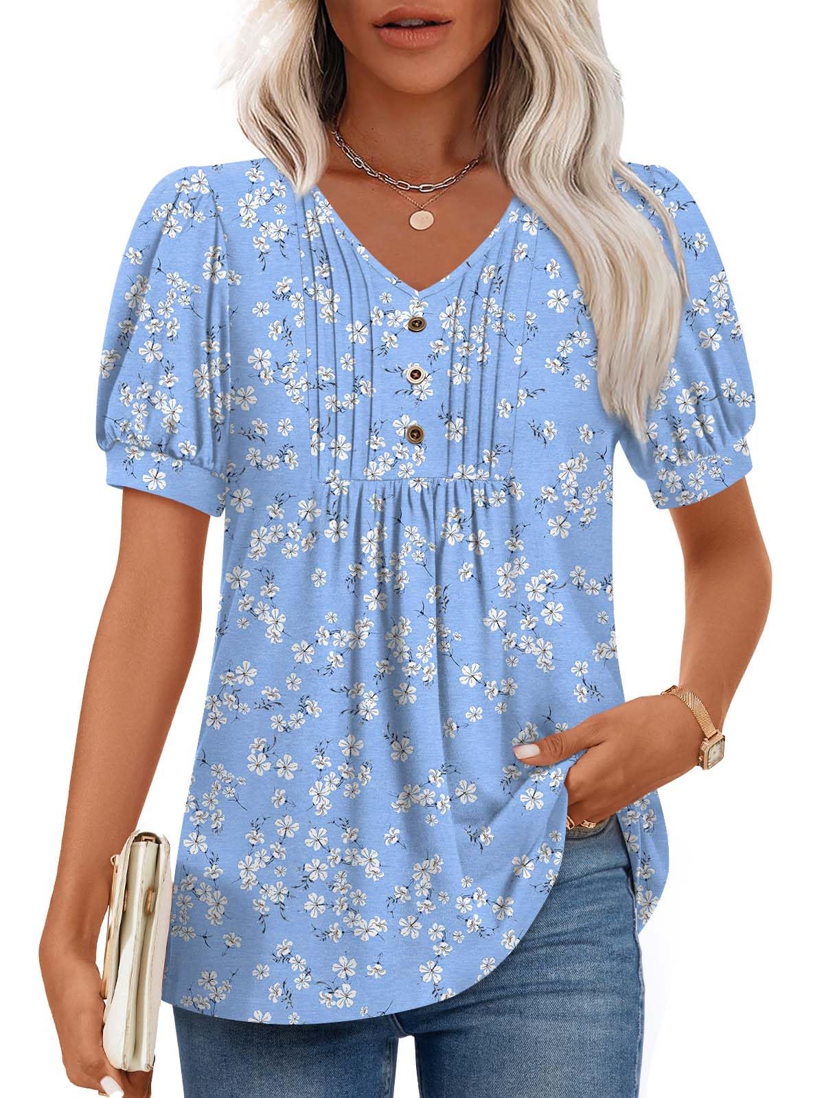 Findsweet Women's Summer Tunic Tops Casual Dressy Blouses Short Sleeve Shirts M-4XL