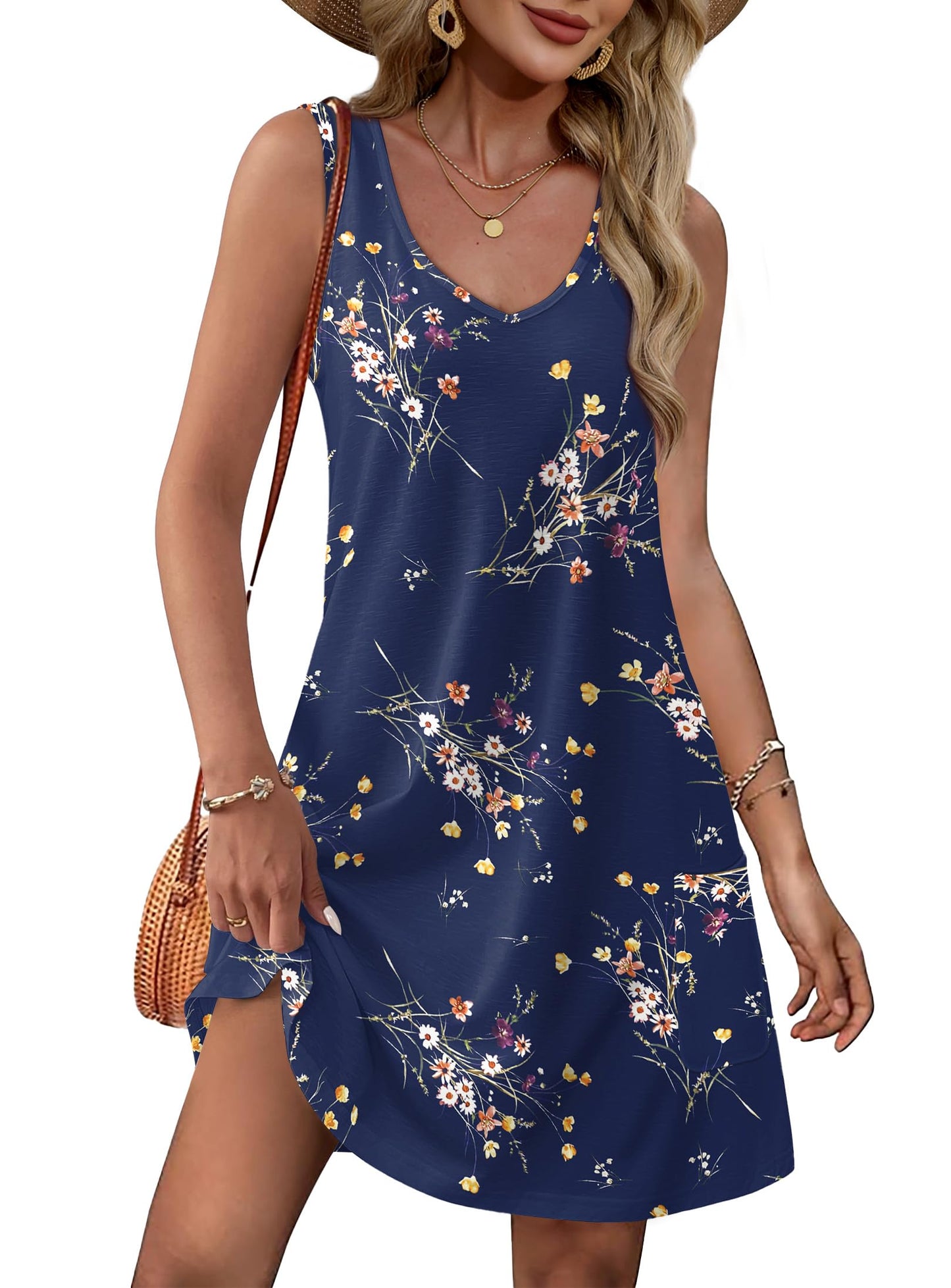 OFEEFAN Womens Summer Dresses 2026 Loose V Neck Sleeveless Sundresses Swimsuit Coverup with Pockets Floral/Plain/Eyelet