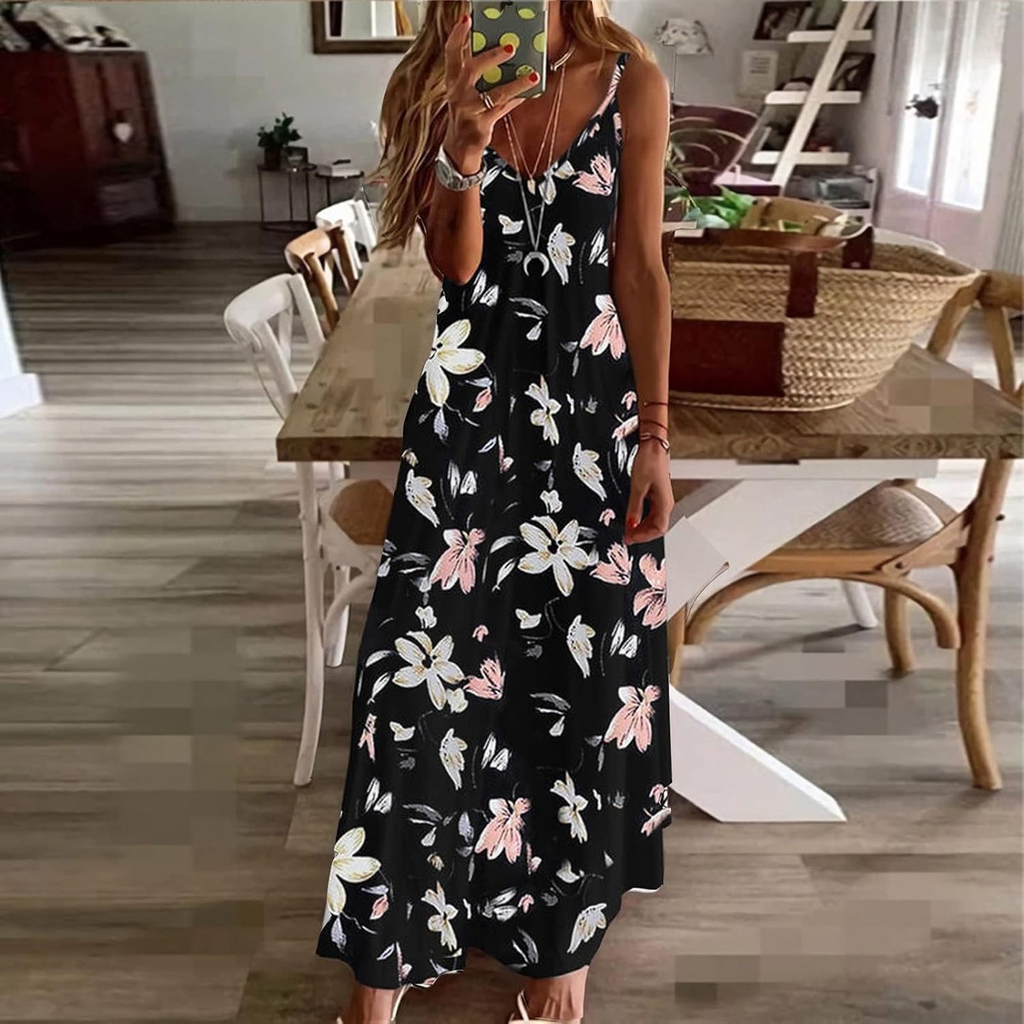 Ceboyel Women Floral Spaghetti Strap Sundress Casual Summer Long Maxi Dress Vneck Sexy Boho Dresses Trendy Beach Clothes
