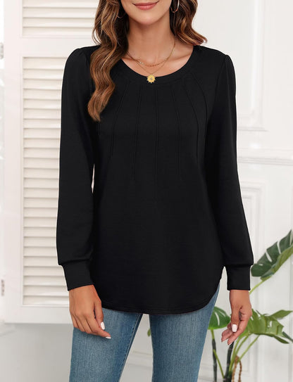 WEACZZY Women Long Sleeve Shirts Crew Neck Tunic Tops Soft Casual Blouses Creased Design Curved Side Hem Fashion Outfits 2026