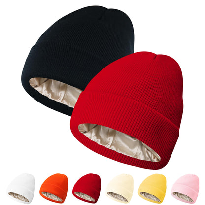 PFFY Womens Satin Lined Beanie Hat Silk Lining Winter Hats Beanies for Women Soft Slouchy Beanie Skull Cap