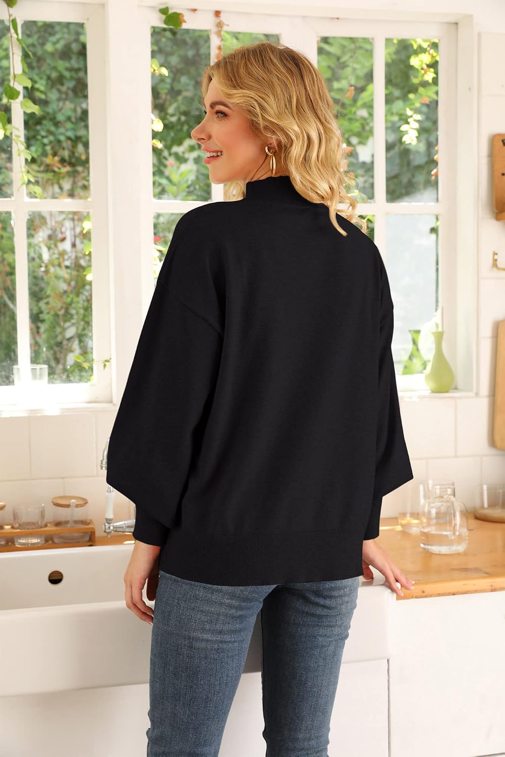 WEACZZY Women's 2026 Fall Fashion Casual Sweaters Mock Neck Long Lantern Sleeve Lightweight Knit Pullover Sweater Tops