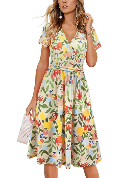 Newshows Womens Summer Short Sleeve Casual Dresses V Neck Floral Vacation Sundress Faux Wrap Midi Dress with Pockets