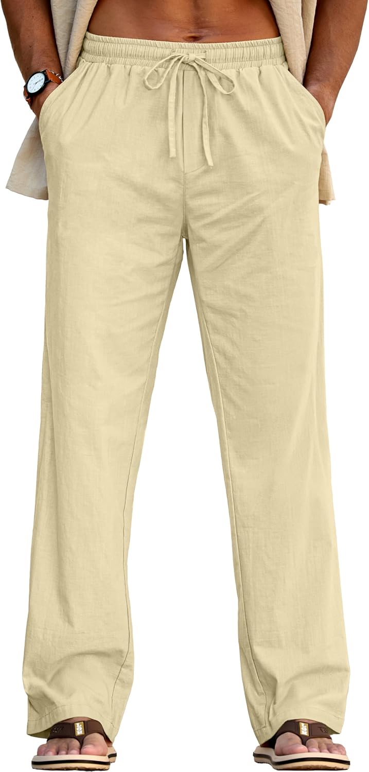 Sailwind Men's Casual Linen Pants Beach Summer Drawstring Elastic Waist Lightweight Pants