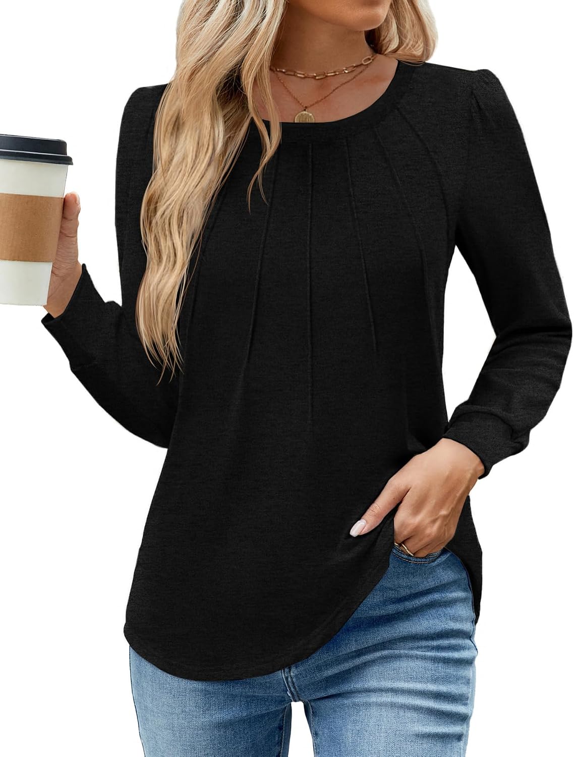 WEACZZY Women Long Sleeve Shirts Crew Neck Tunic Tops Soft Casual Blouses Creased Design Curved Side Hem Fashion Outfits 2026
