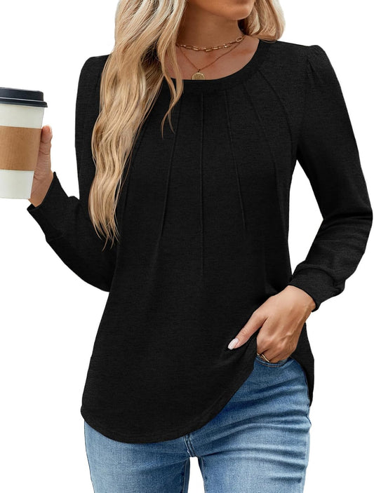 WEACZZY Women Long Sleeve Shirts Crew Neck Tunic Tops Soft Casual Blouses Creased Design Curved Side Hem Fashion Outfits 2026