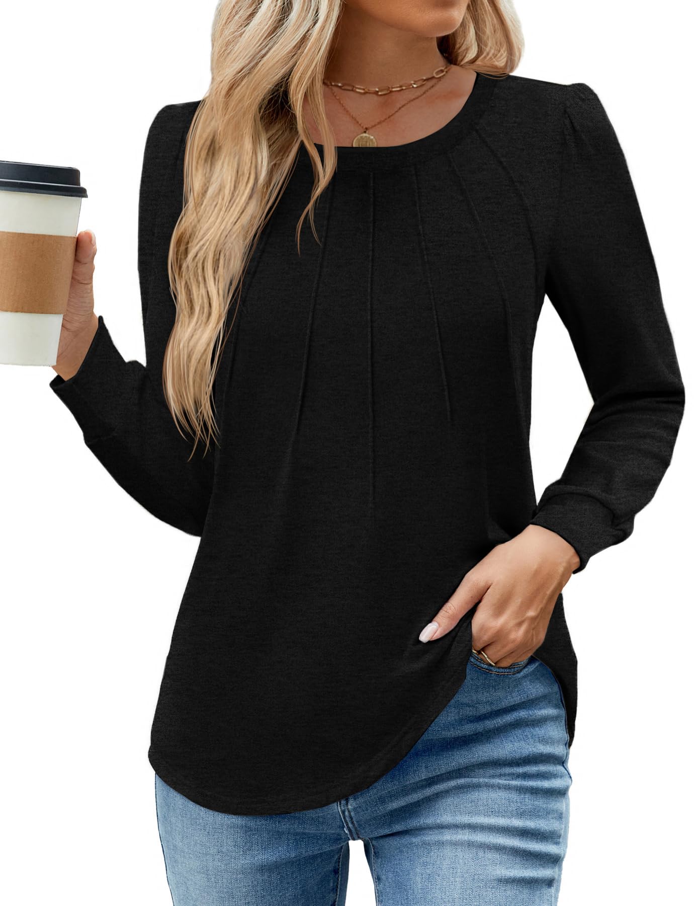 WEACZZY Women Long Sleeve Shirts Crew Neck Tunic Tops Soft Casual Blouses Creased Design Curved Side Hem Fashion Outfits 2026