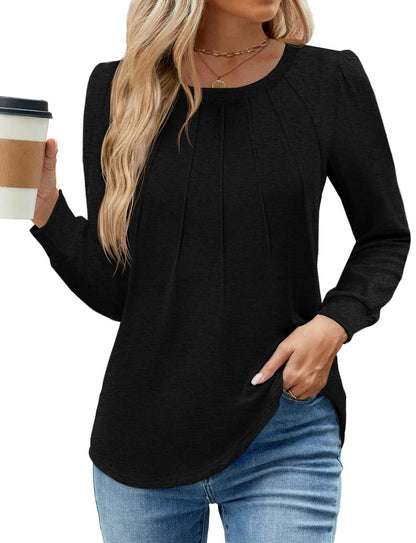 WEACZZY Women Long Sleeve Shirts Crew Neck Tunic Tops Soft Casual Blouses Creased Design Curved Side Hem Fashion Outfits 2026