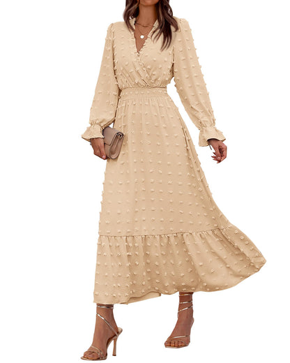 BTFBM Women Fall Maxi Dresses 2026 Long Sleeve V Neck Swiss Dots High Waisted A-Line Ruffle Boho Long Dress Vacation