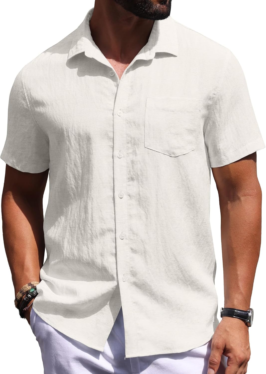 Sailwind Men's Linen Button Down Shirts Short Sleeve Casual Lightwetght Beach Summer Vacation Shirt with Pocket