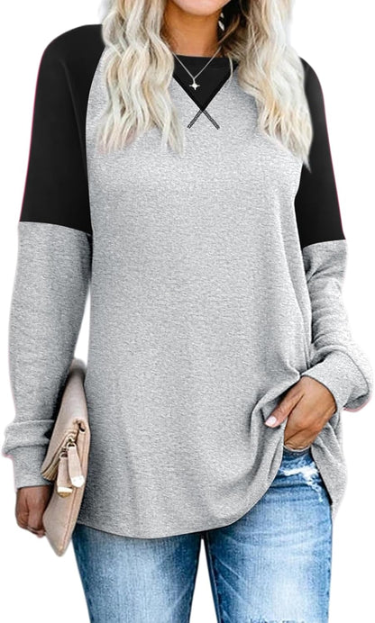 YEXIPO Womens Long Sleeve Shirts Casual Loose Fit Crew Neck Color Block Fall Fashion 2024 Tunic Tops