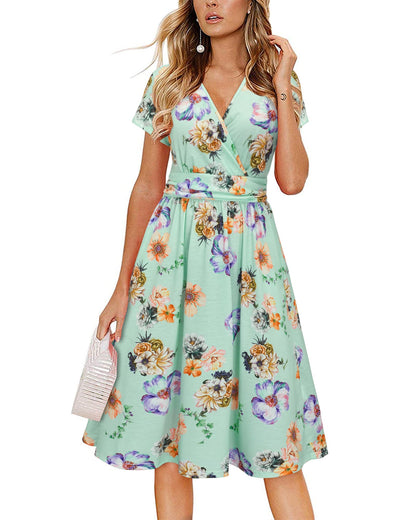 Newshows Womens Summer Short Sleeve Casual Dresses V Neck Floral Vacation Sundress Faux Wrap Midi Dress with Pockets
