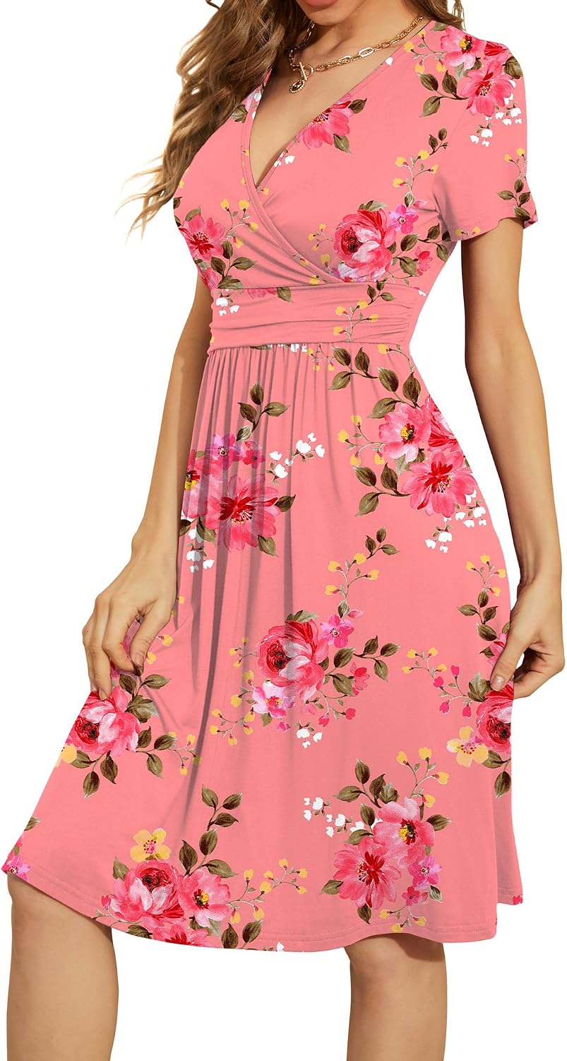 WEACZZY Women's Summer Short Sleeve Casual Dresses V-Neck Floral Party Dress with Pockets