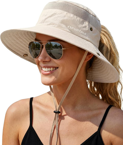 FURTALK Sun Hats for Women with Ponytail Hole Hiking Summer Wide Brim Outdoor UV Protection Bucket Safari Hat
