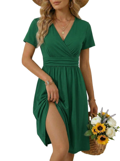 OUGES Casual Summer Dress for Women Wrap V Neck A Line Midi Dresses with Pockets