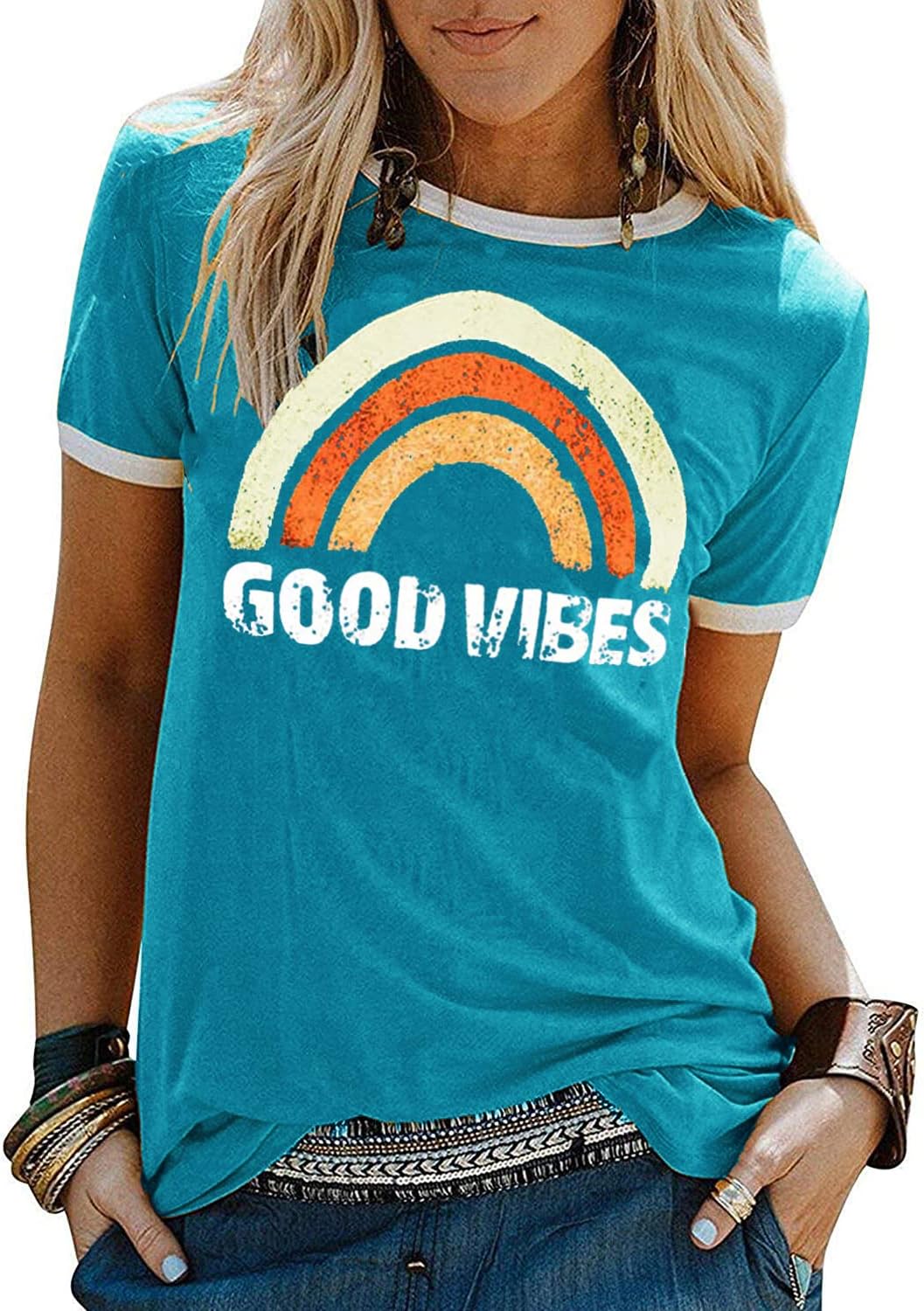YEXIPO Womens Graphic Tees Short Sleeve Summer Tops Funny Letter Print Crew Neck Casual Loose Cute T Shirts
