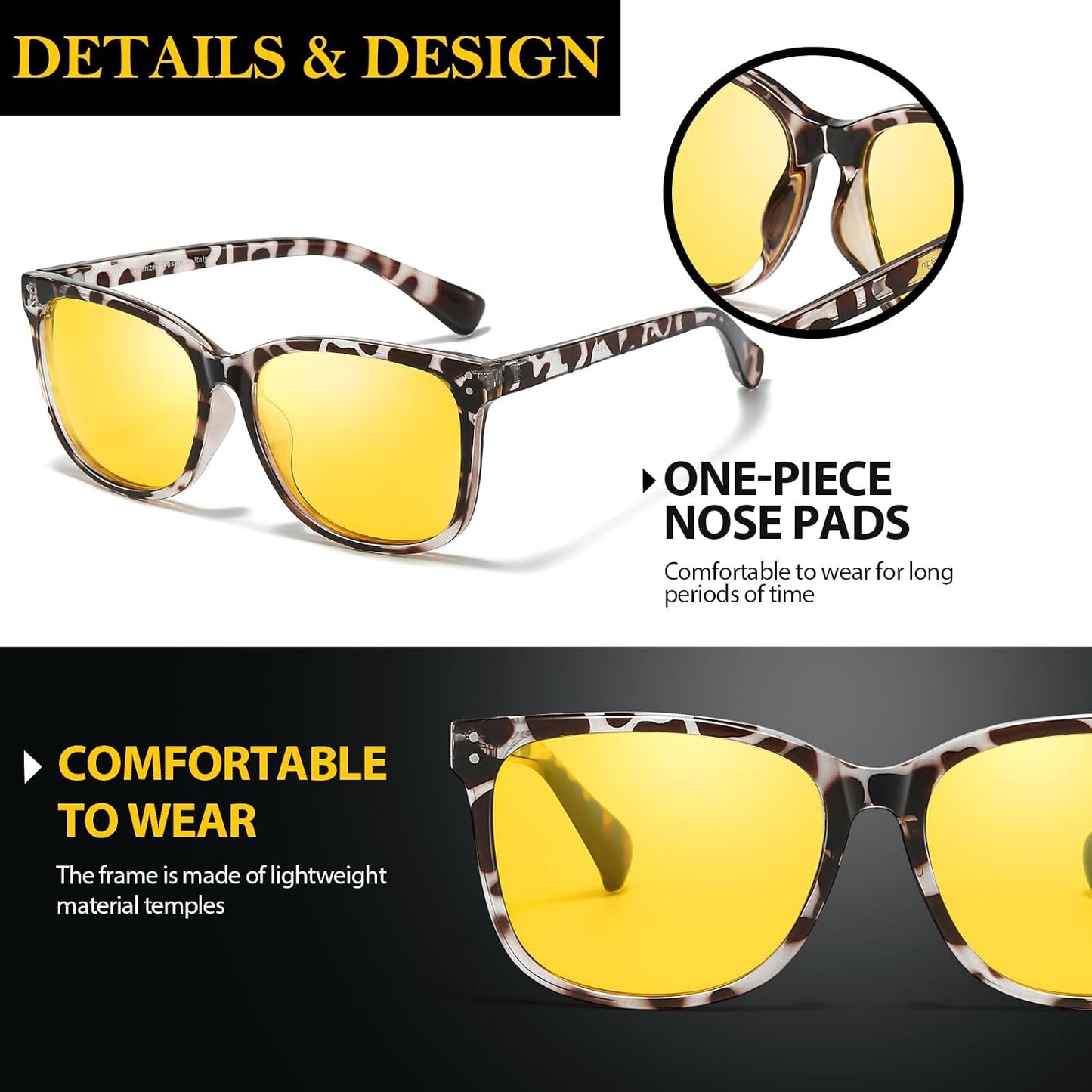TJUTR Women’s Night Vision Driving Glasses, Polarized Yellow Tint Anti Glare Eyewear for Nighttime Driving TN2572