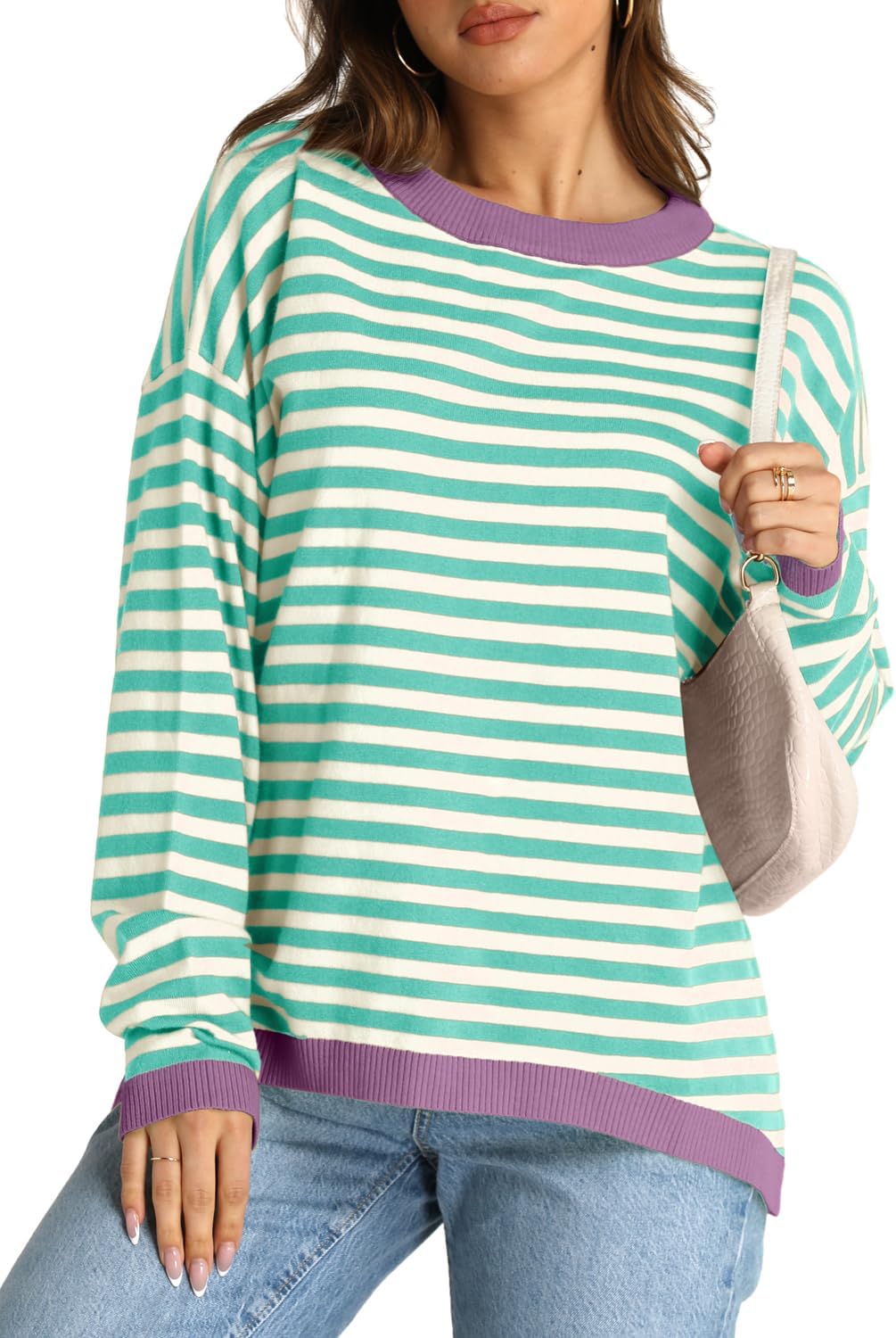 YEXIPO Womens Sweaters Striped 2024 Fall Long Sleeve Crewneck Casual Knit Lightweight Oversized Pullover Sweater Tops