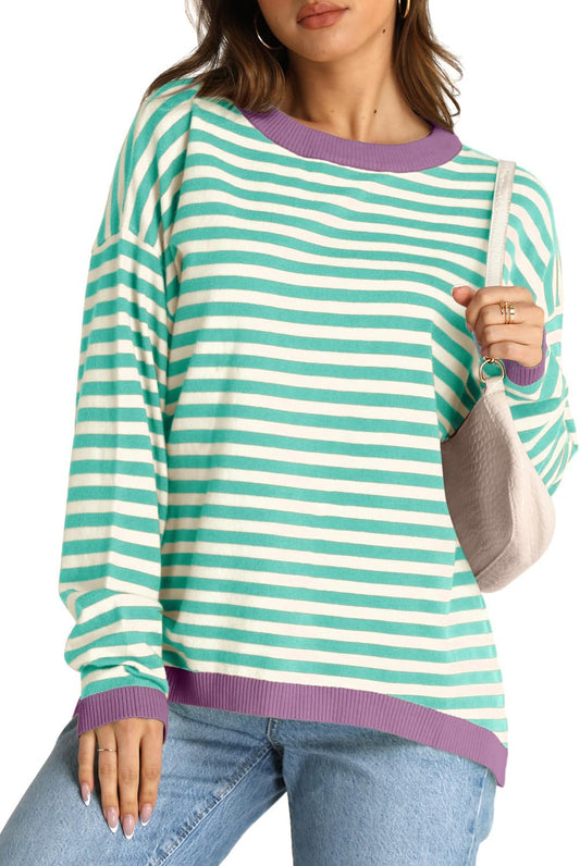 YEXIPO Womens Sweaters Striped 2024 Fall Long Sleeve Crewneck Casual Knit Lightweight Oversized Pullover Sweater Tops