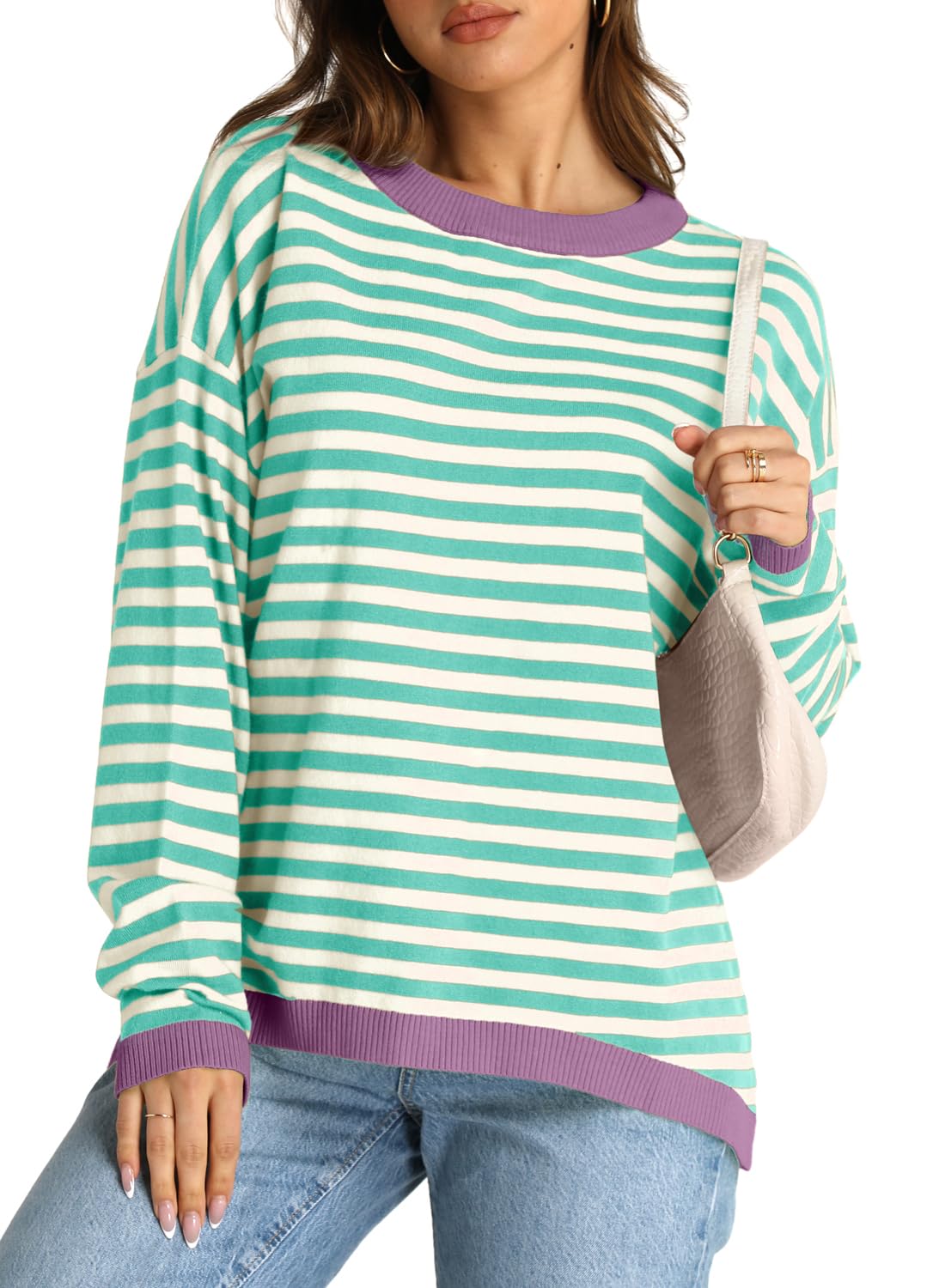 YEXIPO Womens Sweaters Striped 2024 Fall Long Sleeve Crewneck Casual Knit Lightweight Oversized Pullover Sweater Tops