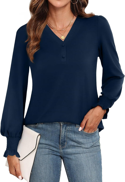 WEACZZY Womens Tops Long Sleeve Fall Shirts for Women Dressy Casual Button V Neck Tunic Blouse Ruffle Cuffs T-Shirts 2026