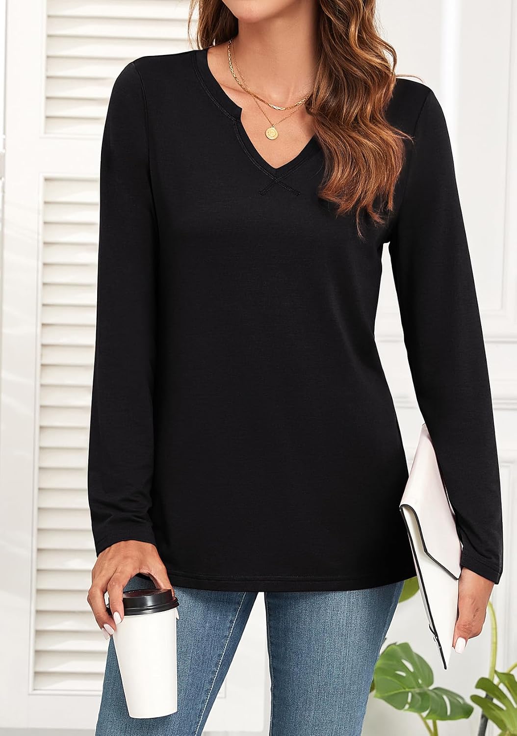WEACZZY Women's Long Sleeve Tops Dressy Casual Sexy V Neck Work Shirts Loose Fit Blouses Tunic Fall Fashion Outfits 2025