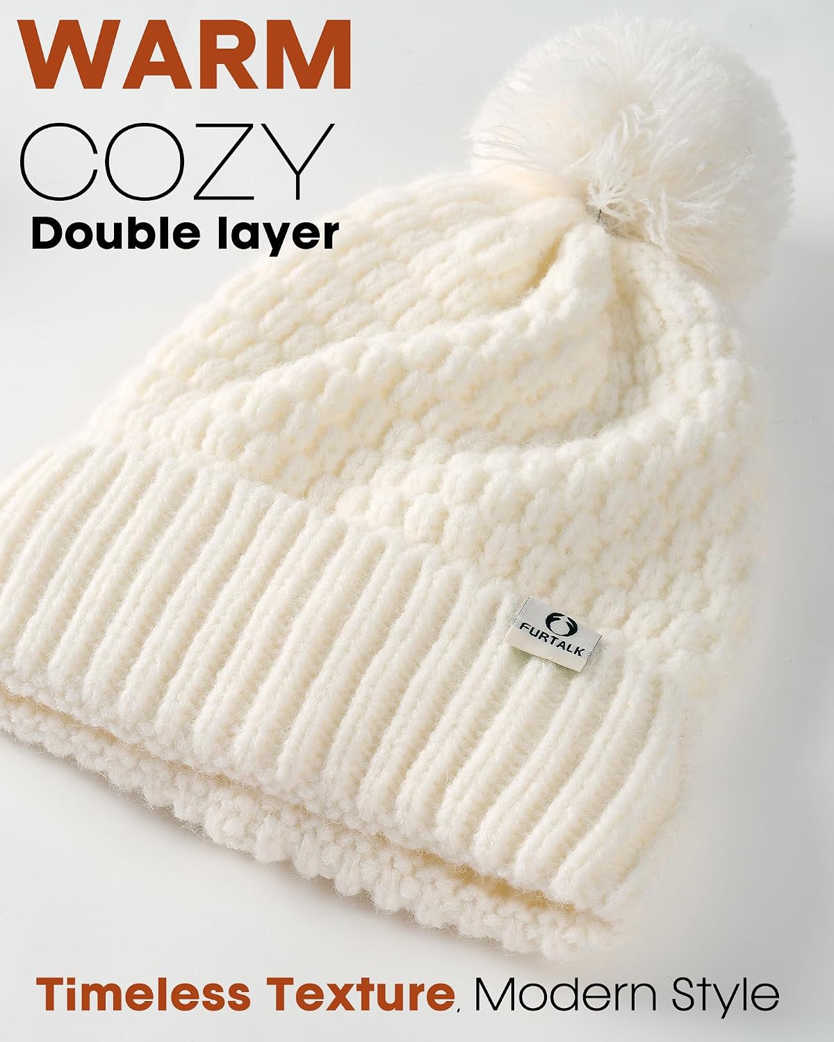 FURTALK Womens Winter Beanie Hat with Knitted Pom Pom Warm Fleece Lined Knit Soft Skull Cap for Women