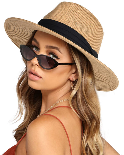 FURTALK Womens Mens Wide Brim Straw Panama Hat Fedora Summer Beach Sun Hats UPF Straw Hat for Women