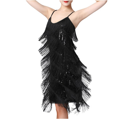 fartey Womens Fringe Dress Spaghetti Strap Sleeveless Tassel Sling Dress Sexy V Neck Backless Cocktail Party Mini Dress