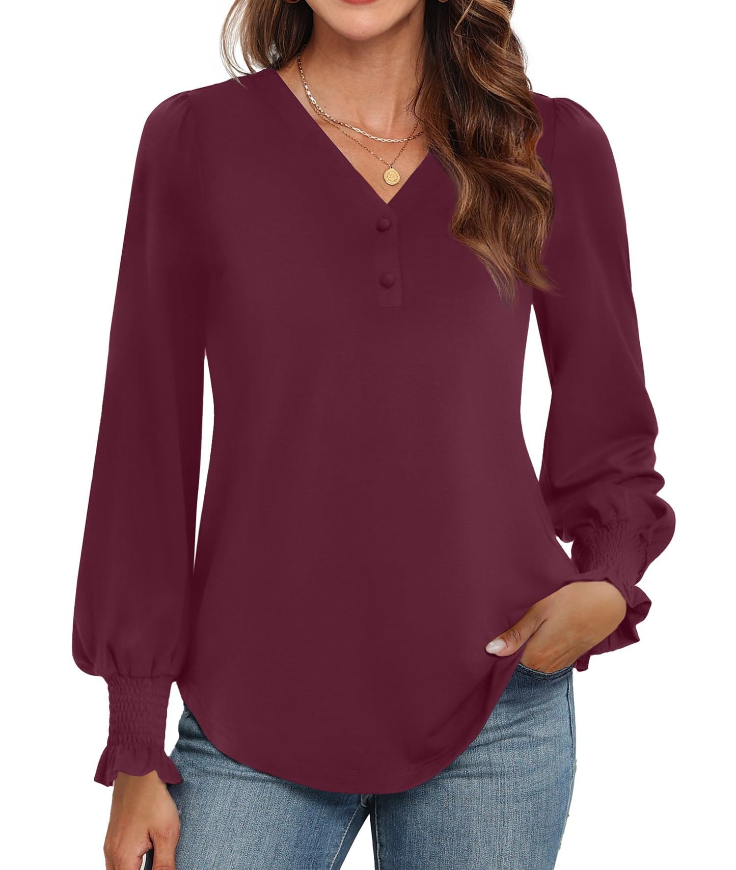 WEACZZY Womens Tops Long Sleeve Fall Shirts for Women Dressy Casual Button V Neck Tunic Blouse Ruffle Cuffs T-Shirts 2026
