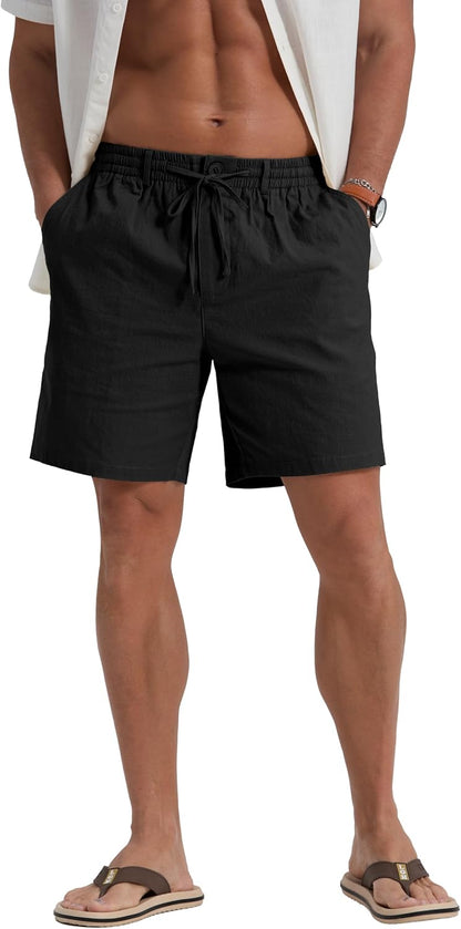 Sailwind Men's Linen Casual Shorts Elastic Waist Drawstring Summer Beach Shorts with Pockets Black