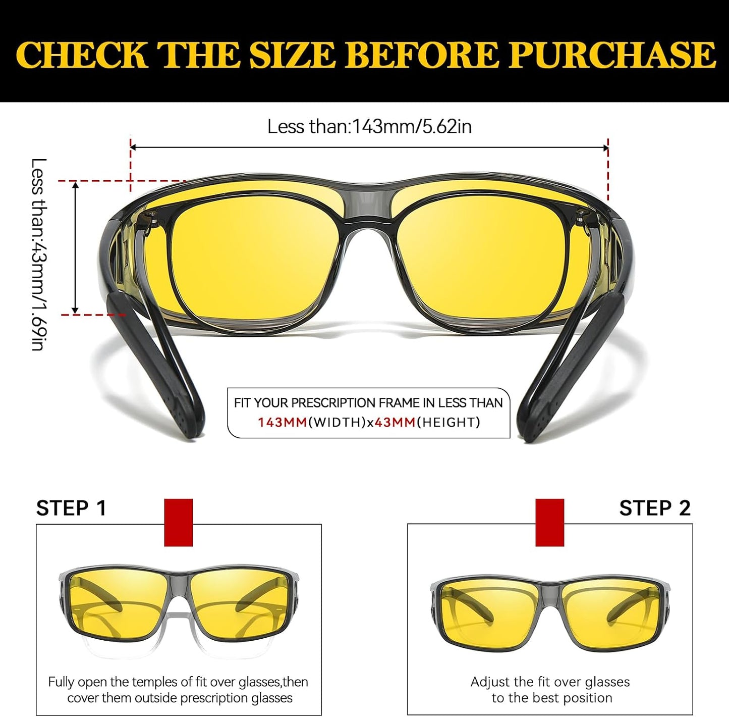 TJUTR Night Vision Driving Glasses Fit Over Eyeglasses for Men Women, Anti-Glare Polarized UV400 Protection Yellow Lens 2612R