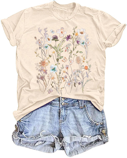 Women's Vintage Floral T Shirt Boho Wildflower Graphic Loose Tees Short Sleeve Casual Tops