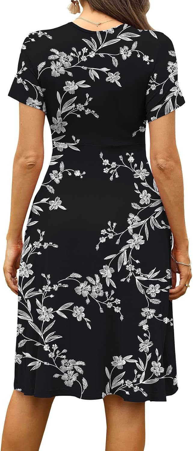 WEACZZY Women's Summer Short Sleeve Casual Dresses V-Neck Floral Party Dress with Pockets