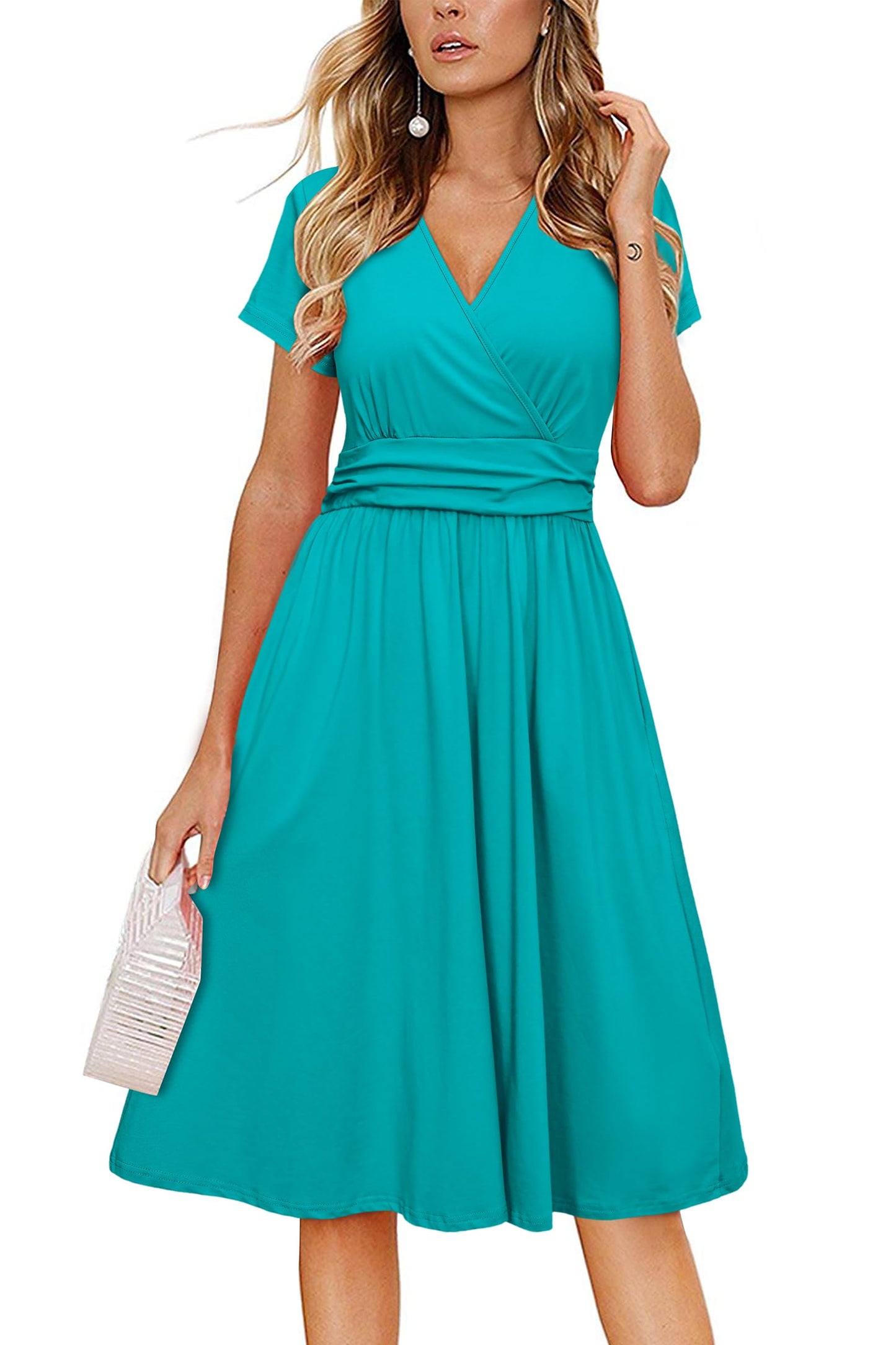 Newshows Womens Summer Short Sleeve Casual Dresses V Neck Floral Vacation Sundress Faux Wrap Midi Dress with Pockets