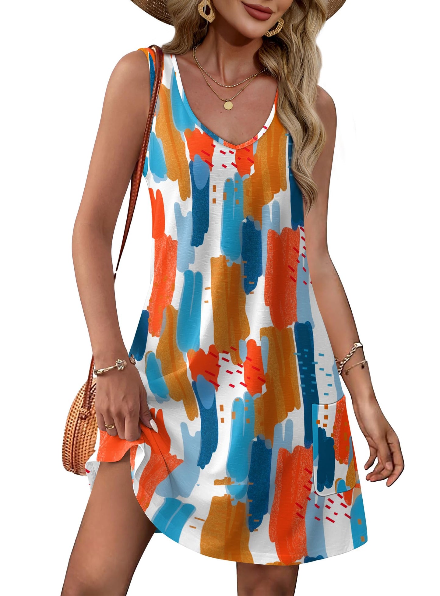 OFEEFAN Womens Summer Dresses 2026 Loose V Neck Sleeveless Sundresses Swimsuit Coverup with Pockets Floral/Plain/Eyelet