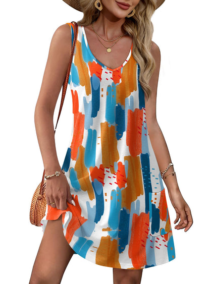 OFEEFAN Womens Summer Dresses 2026 Loose V Neck Sleeveless Sundresses Swimsuit Coverup with Pockets Floral/Plain/Eyelet