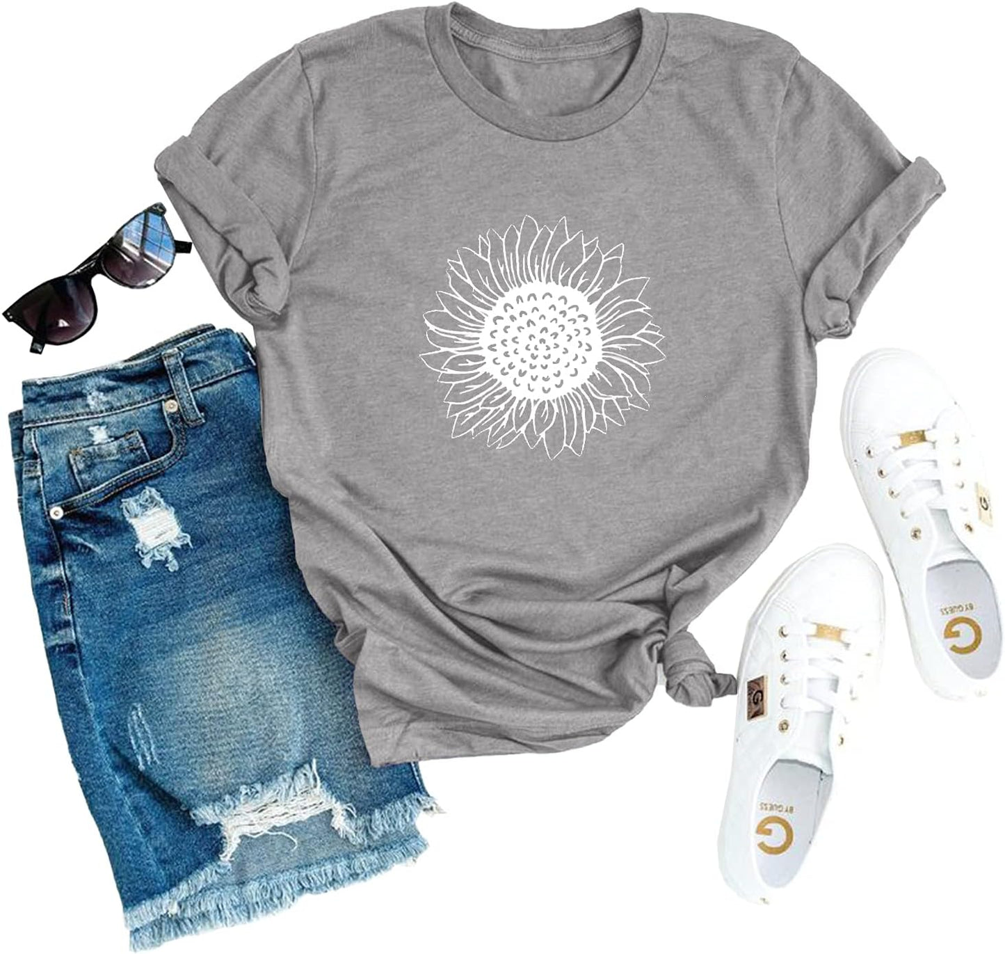MaQiYa Womens Cute Sunflower Graphic Printed Tee Shirts Vintage Short Sleeve Cotton Shirts Tops
