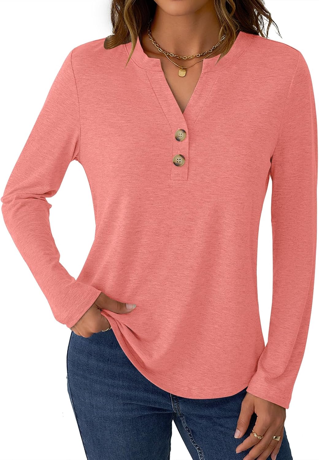 GKBK Womens Long Sleeve Tops Fall Clothing V Neck Casual Shirts Button Dressy Trendy Blouses Loose Fit Tunic