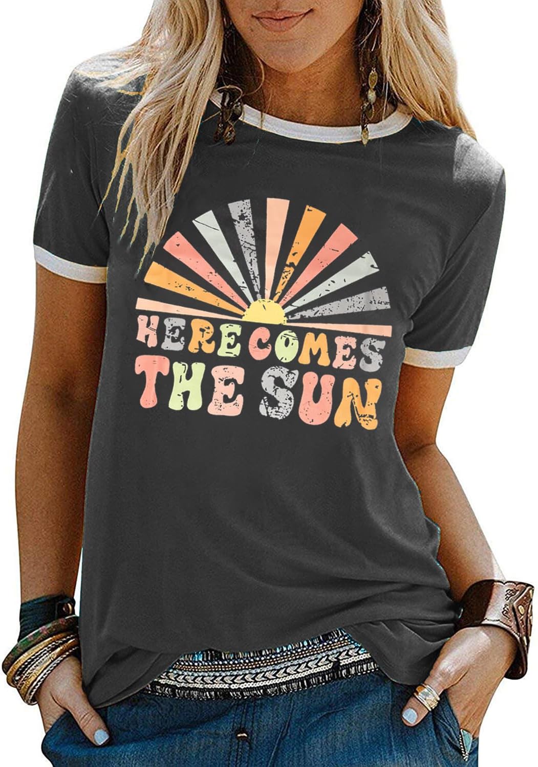 YEXIPO Graphic Tees for Women Short Sleeve Summer Tops Funny Letter Printed Loose Casual T Shirts