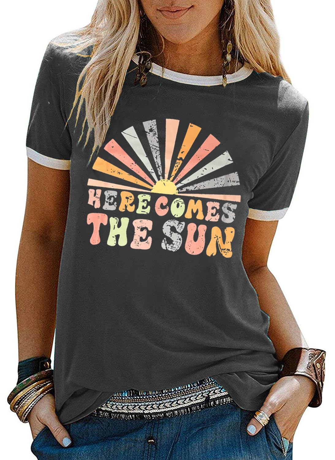 YEXIPO Graphic Tees for Women Short Sleeve Summer Tops Funny Letter Printed Loose Casual T Shirts