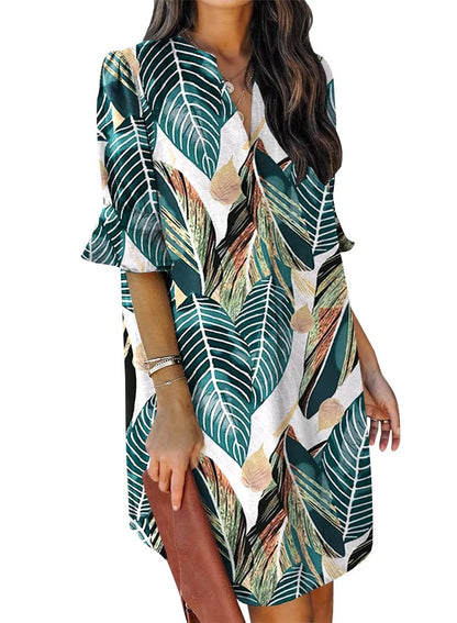 QACOHU Summer Dresses for Women V Neck Ruffle Short Sleeve Casual Shift Dress