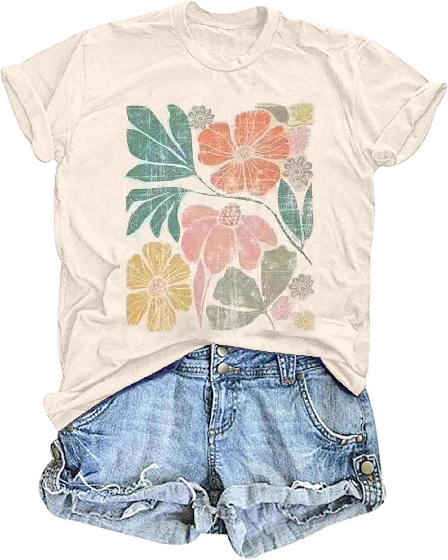 Women's Vintage Floral T Shirt Boho Wildflower Graphic Loose Tees Short Sleeve Casual Tops
